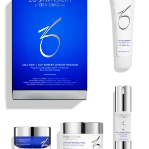 The ZO Skin Health Daily GSR + Skin Barrier Defense Program showing the box and the 4 products included in the kit