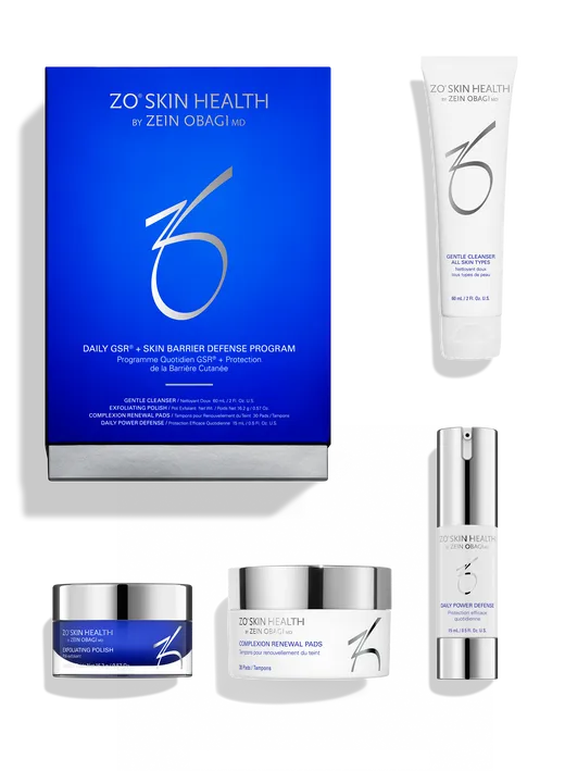 The ZO Skin Health Daily GSR + Skin Barrier Defense Program showing the box and the 4 products included in the kit