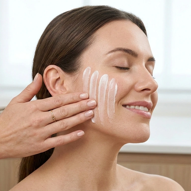A woman finger painting Adipeau Volume Cream on her Face