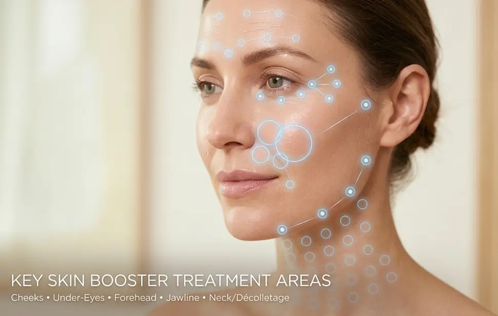 A womans face showing where Skin Boosters are used