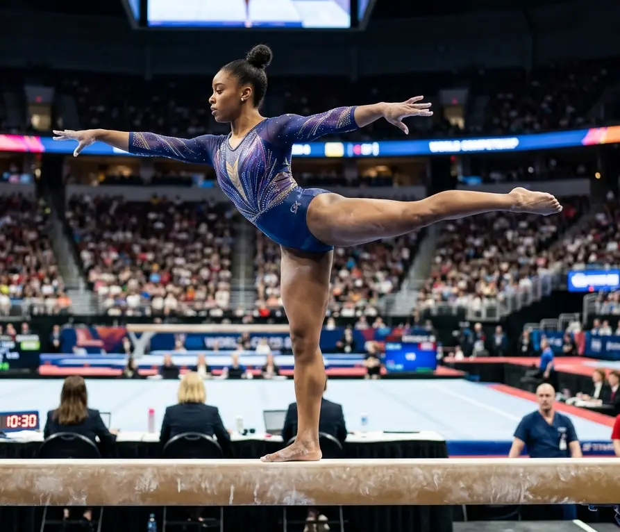 An African American woman doing gymnastics on the beam