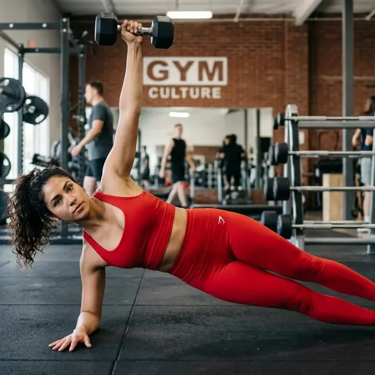 Latina woman doing a side plank with Dumbell