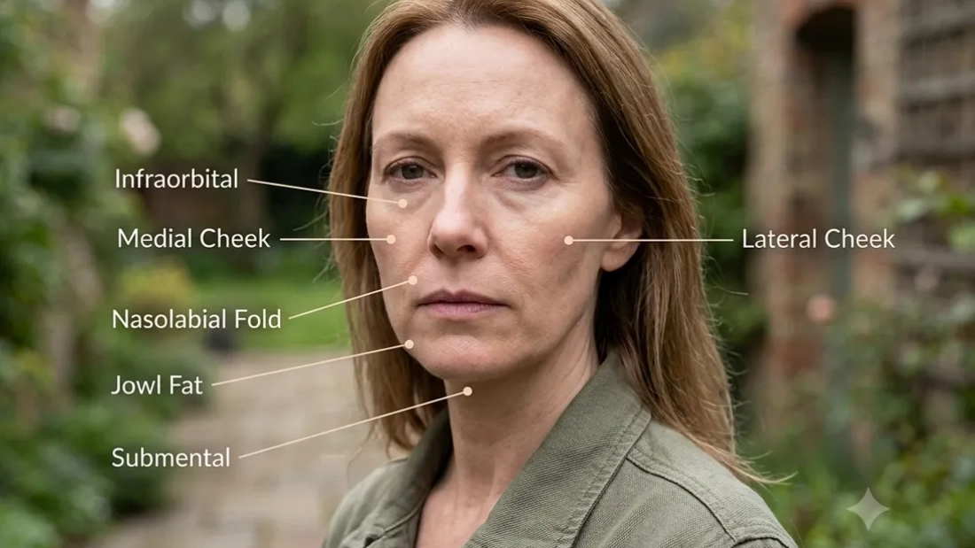 A woman’s face showing where fat loss from GLP-1s will occur